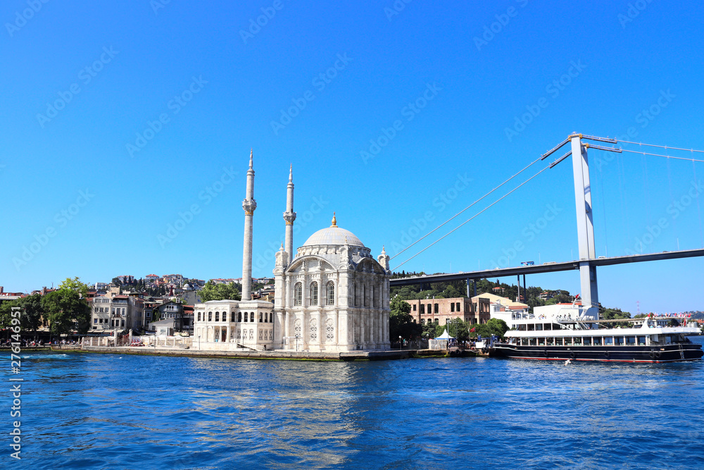 View from Bosphorus on Ortakoy Mosque, Istanbul, Turkey