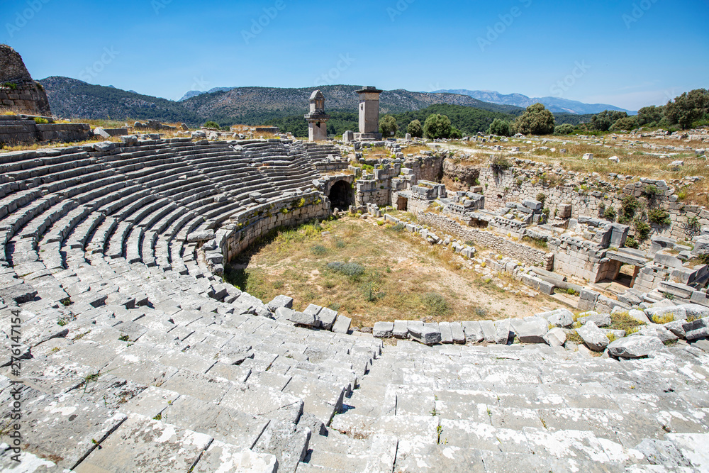 Xanthos Ancient City. Grave monument and the ruins of ancient city of Xanthos - Letoon (Xantos, Xhantos, Xanths) in Kas, Antalya/Turkey. Capital of Lycia.