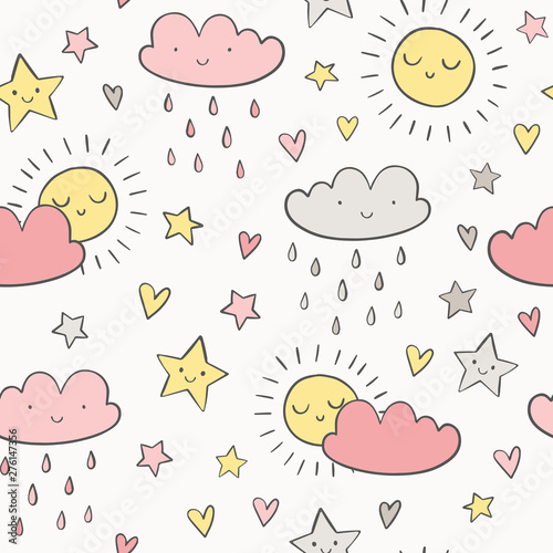 Cute sky pattern in doodle style. Hand drawn sun, cloud, raindrops, stars seamless background. 