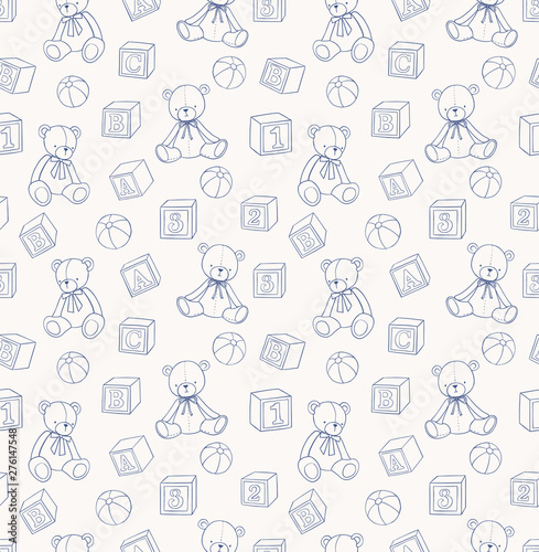 Doodle toys vector pattern. Hand drawn teddy bears and blocks seamless background. Cute child, baby drawings.