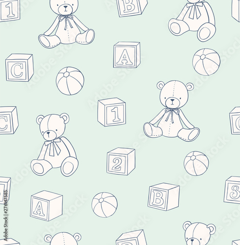 Cute vector pattern. Hand drawn teddy bear and building blocks. Baby toys seamless background in doodle style. 
