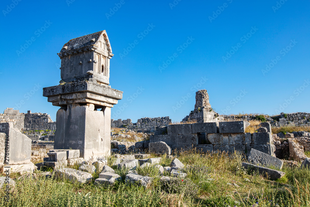Xanthos Ancient City. Grave monument and the ruins of ancient city of Xanthos - Letoon (Xantos, Xhantos, Xanths) in Kas, Antalya/Turkey. Capital of Lycia.