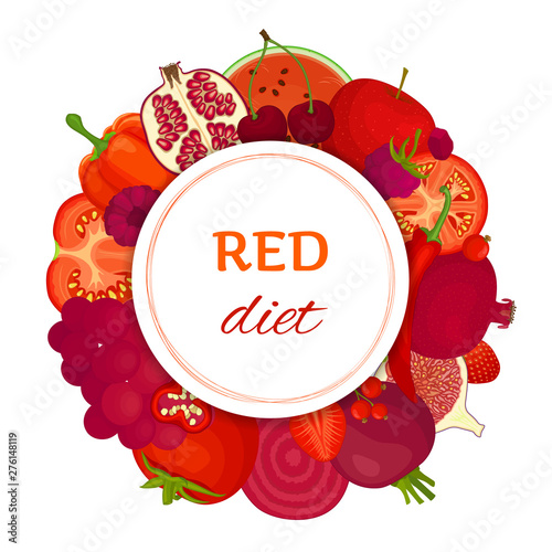 Red diet. Frame of fruits and vegetables. Vector illustration. The benefits of red food. Food for weight loss and health.
