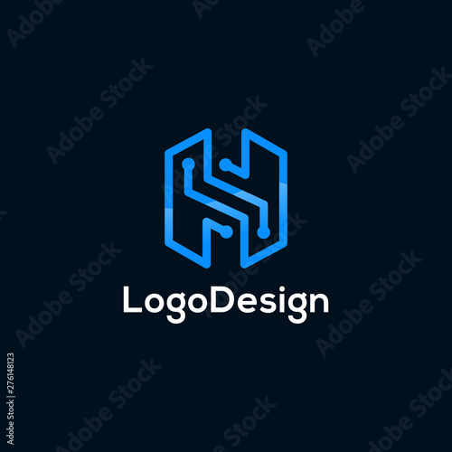 minimal Line letter H logo initial with technology concept