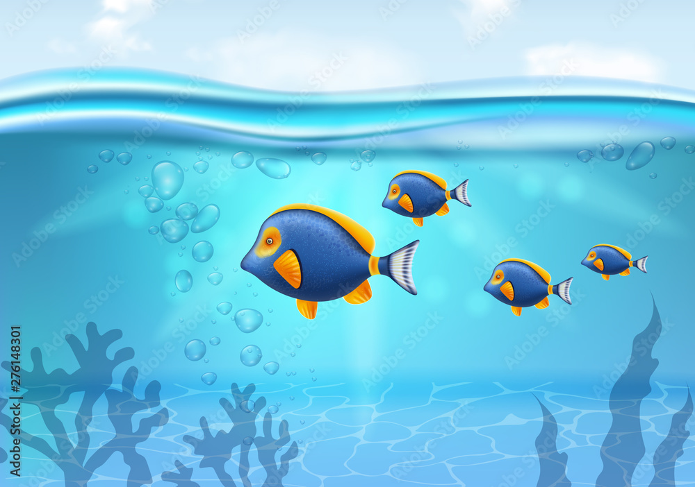 Naklejka premium Sea party banner Vector realistic with small colorful fish illustrations