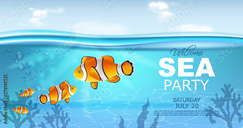 Gold fish underwater Vector realistic. Sea life small fish. Ocean backgrounds