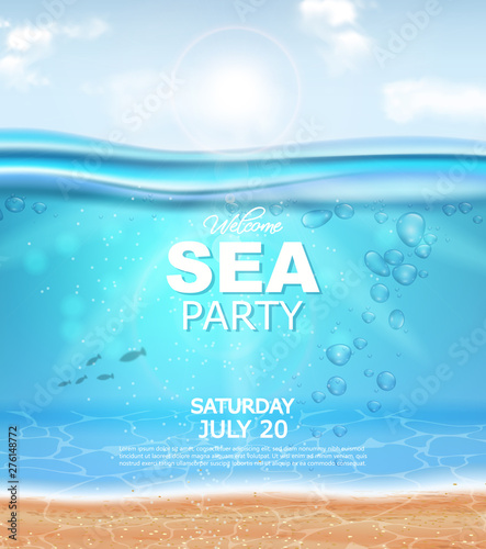 Underwater Vector realistic background. Sea party banner template. Detailed 3d water posters