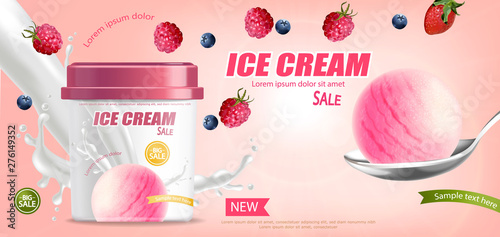 Ice cream bucket Vector realistic mock up. Product placement. Label design ad...