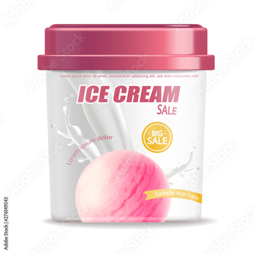 Ice cream bucket isolated Vector realistic. Berry fruits flavor Detailed 3d i...