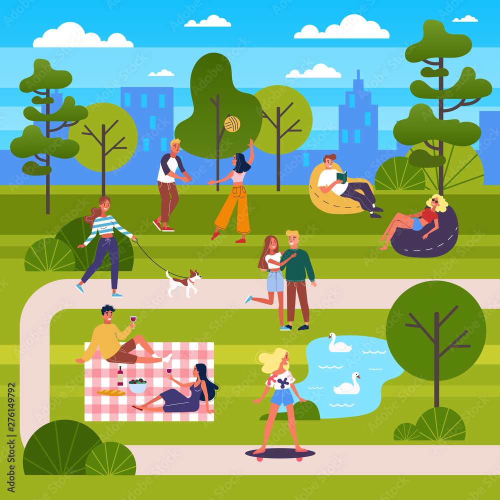 People in the public park. Walking a dog People in the public park. Walking a dog