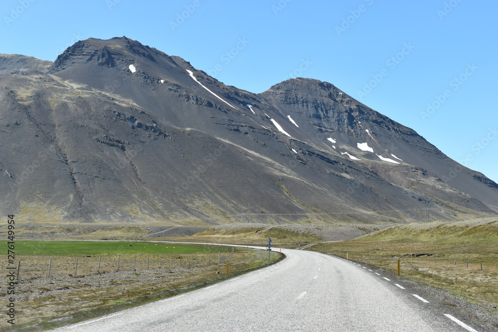 Panorama view at the street to the Vestrahorn Mountains in the southeast of Iceland