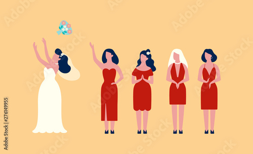 Happy bride in the white dress throwing bouquet