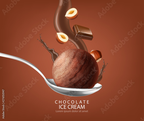 Ice cream ball Vector realistic chocolate splash. Detailed 3d illustrations