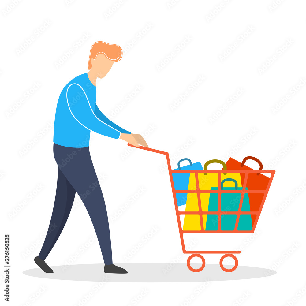 Man in the casual clothes walking with the cart Man in the casual clothes walking with the cart