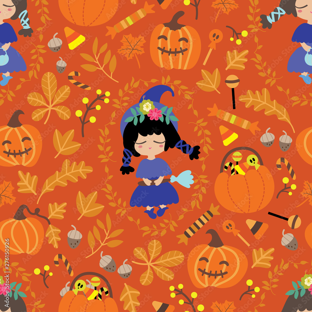 Seamless pattern with halloween characters. Illustration of cute witch/ wizard surrounded with spooky pumpkin, candy, oak and autumn leaves. Seamless pattern with halloween characters. Illustration of cute witch/ wizard surrounded with spooky pumpkin, candy, oak and autumn leaves.