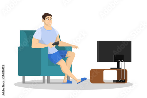 Man sitting on the couch and watch TV. Guy spend time
