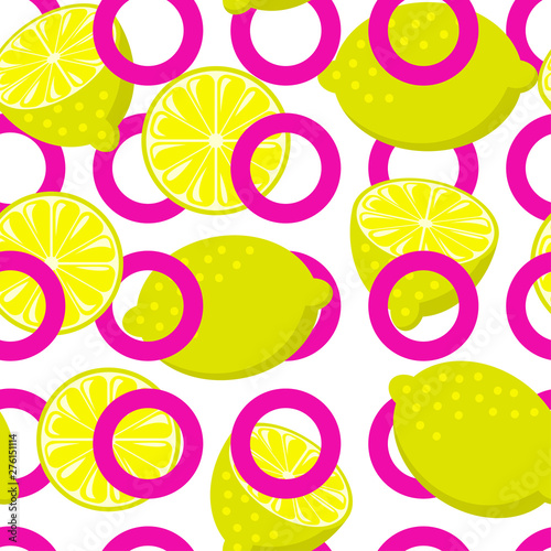 Fototapeta Naklejka Na Ścianę i Meble -  Seamless lemon pink circle backdrop. Vintage fruits background