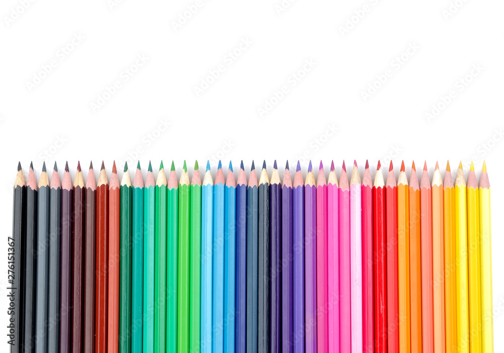 Many color pencils on white isolated background. close-up. stationery. Many color pencils on white isolated background. close-up. stationery.
