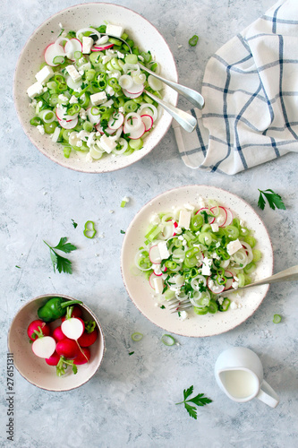 Healthy fresh salad with greenspring onion, light cheese served with greek yogurt. Top view with copy space. photo