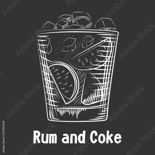 Hand drawn sketch cocktail Rum and Coke. Alcohol drink Rum background.