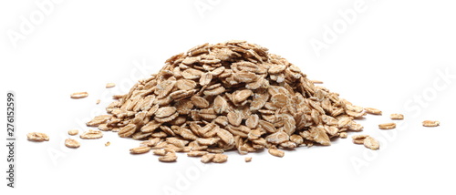 Spelta flakes, rye grain cereal for breakfast isolated on white background
