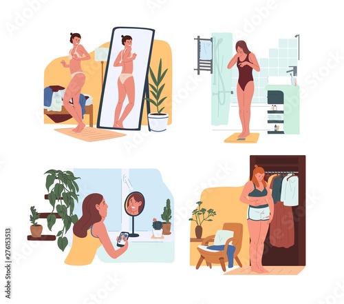 Young funny women in underwear looking in mirror and weighing on scales. Body rejection problem, dysmorphophobia, self hate, dissatisfaction with appearance. Flat cartoon colorful vector illustration.