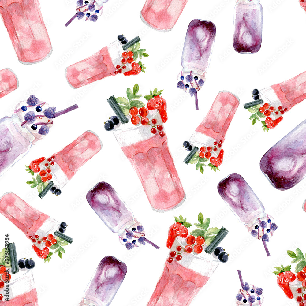 Seamless pattern of Pink cocktail with foam, decorated with strawberries, black and red currants. Watercolor illustration isolated on white background