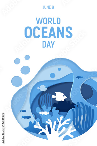 World Oceans Day. Paper art. Holiday dedicated to the protection and preservation of the oceans. Paper cut underwater background with coral reefs. Vector illustration