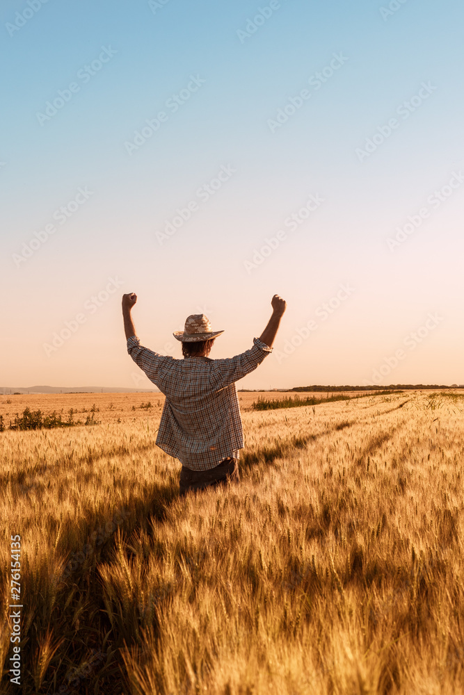 Proud happy victorious wheat farmer with hands raised in V Proud happy victorious wheat farmer with hands raised in V