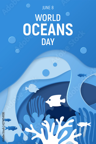 World Oceans Day. Paper art. Holiday dedicated to the protection and preservation of the oceans. Paper cut underwater background with coral reefs. Vector illustration
