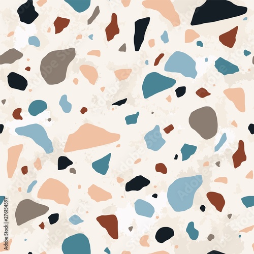 Terrazzo geometric texture. Abstract seamless pattern with colorful sprinkles scattered on light background. Creative vector illustration for backdrop, textile print, wrapping paper, flooring.