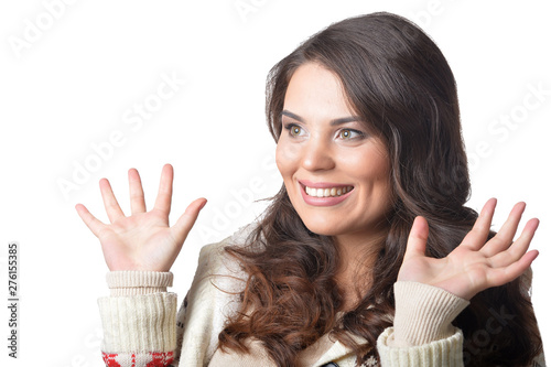 Portrait of exited young woman with dark lond hair photo