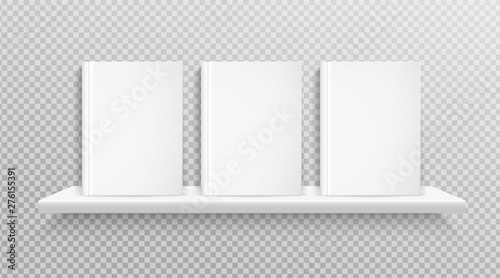 Blank book cover, placed on bookshelf for design.