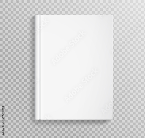 Blank book cover, placed on bookshelf for design.