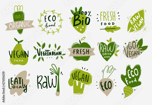 Vegan, fresh, bio, raw, eco, organic and healthy logos and icons, labels, tags, badges. Hand drawn vector set of fruits and vegetables. Colored trendy illustration. Flat design. Everything is isolated photo