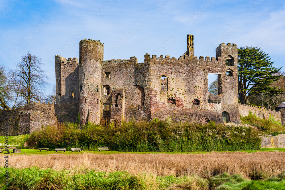 Ruins of the medieval Laugharne castle in Laugharne, Pembrokeshire, Wales, UK