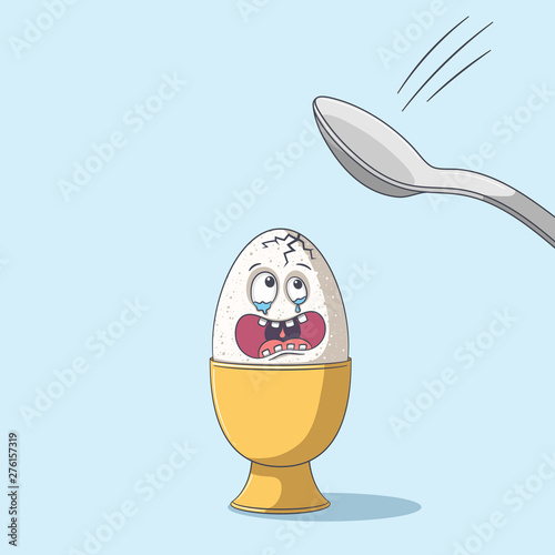 Breakfast egg is afraid of the spoon. Chartoon character illustration. photo