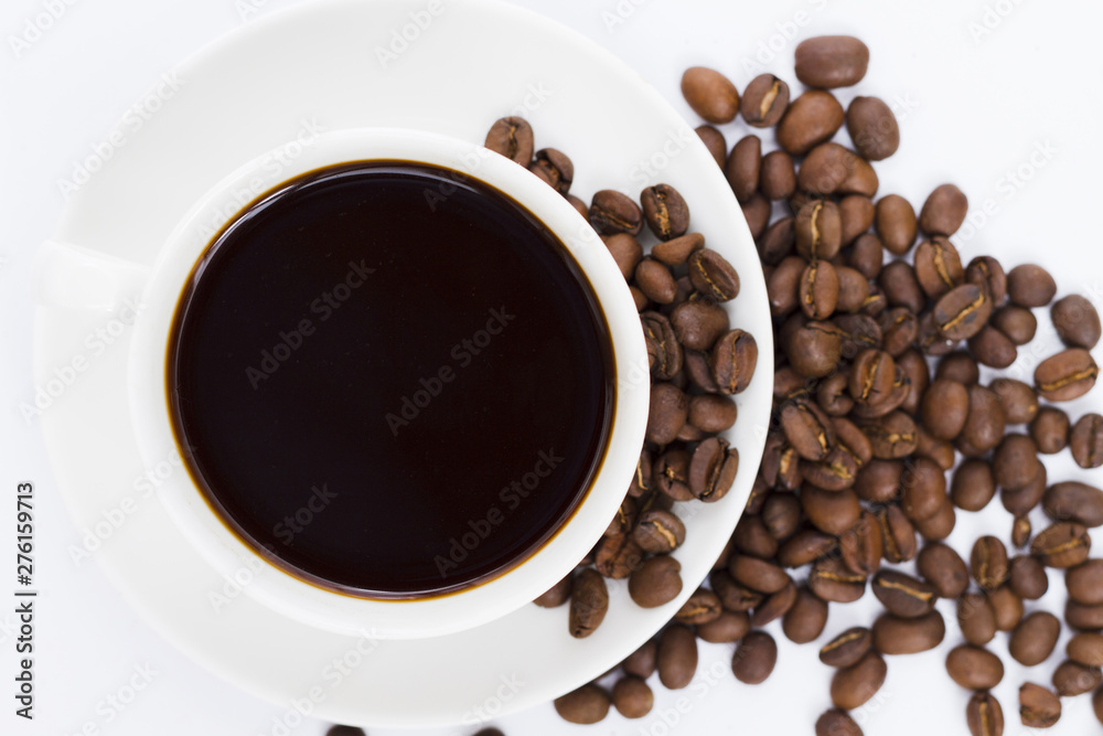 Top view cup and grains of coffee Top view cup and grains of coffee