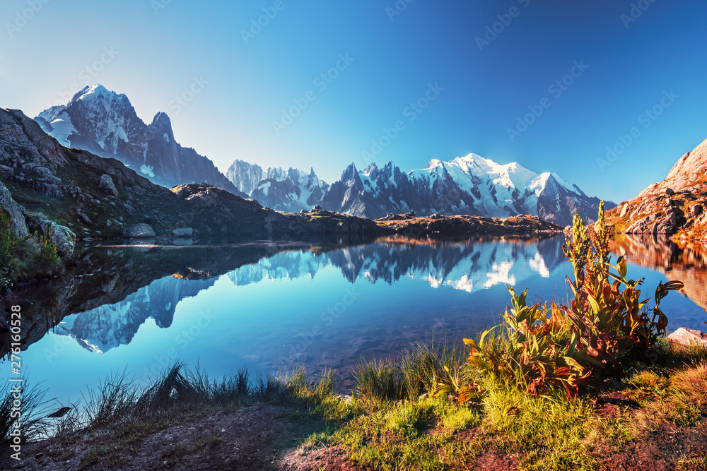 Summer panorama of the Lac Blanc lake with Mont Blanc (Monte Bianco) on background, Chamonix location. Beautiful outdoor scene in Vallon de Berard Nature Reserve, Graian Alps, France, Europe.