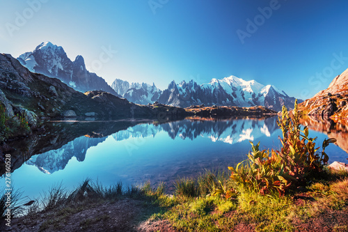 Summer panorama of the Lac Blanc lake with Mont Blanc  Monte Bianco  on background  Chamonix location. Beautiful outdoor scene in Vallon de Berard Nature Reserve  Graian Alps  France  Europe.