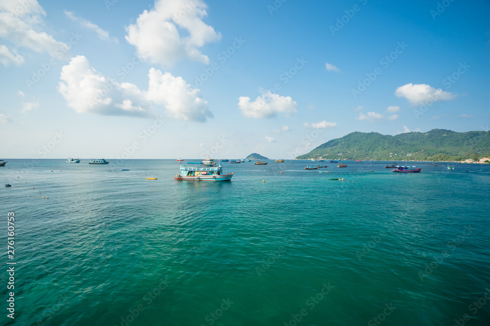 Mae Haad Pier, Koh Tao Island, Thailand - january 23, 2019 : Tourist boats and fishing boats are arriving pier in Koh Tao Island, Thailand.