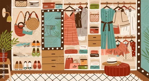 Inner space of closet or wardrobe. Female clothes or apparel hanging on hanger, garment rack or rail and lying on shelves. Clothing organization or storage. Flat cartoon colorful vector illustration.