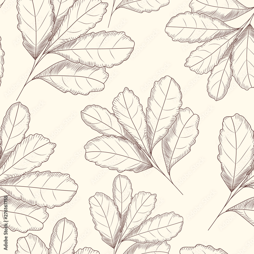 Engraved style leaf seamless pattern. Hand drawn vector illustration. D