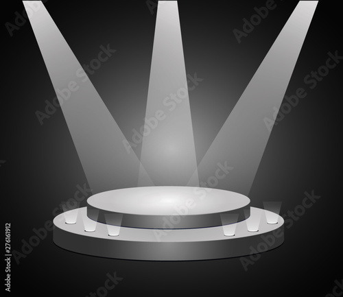 Round stage podium illuminated with light. Stage vector backdrop. Festive podium scene for award ceremony. 