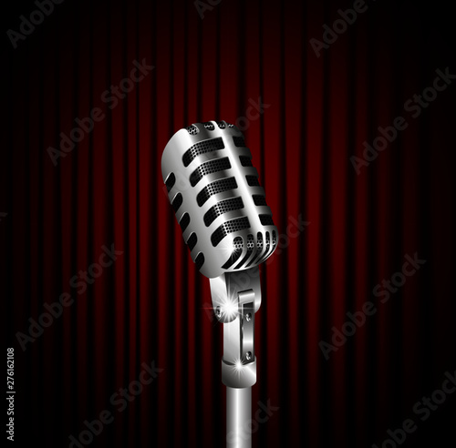 Stage curtains with shining microphone vector illustration. Standup comedy show concept