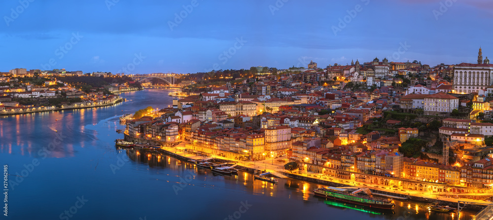 Porto Portugal night panorama city skyline at Porto Ribeira and Douro River