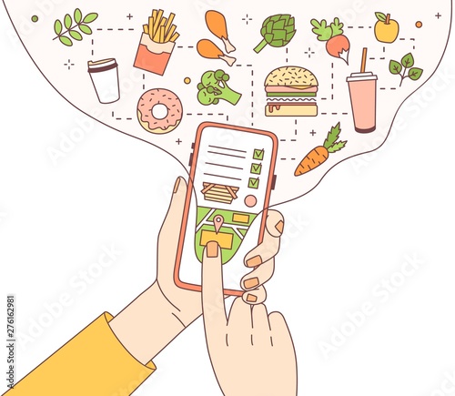 Poster template with hands holding phone with food delivery service mobile application or website on screen, restaurant or cafe meals and drinks to order. Modern vector illustration in linear style.