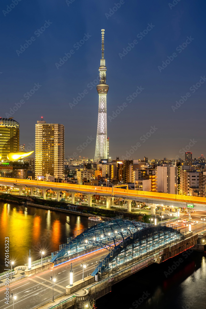 Tokyo Sky Tree and Sumida river at night,Tokyo city,Japan.