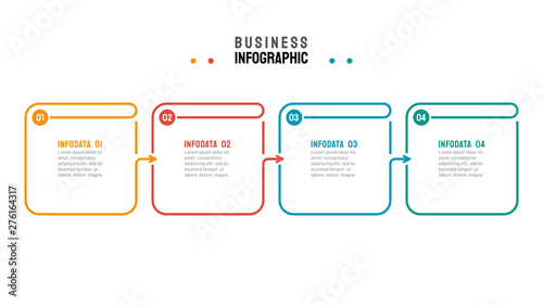 Business process step design template. Timeline infographic with 4 steps, options, arrows and numbers. Vector thin line elements for presentation.