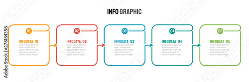 Business process step design template. Timeline infographic with 5 steps, options, arrows and numbers. Vector thin line elements for presentation.